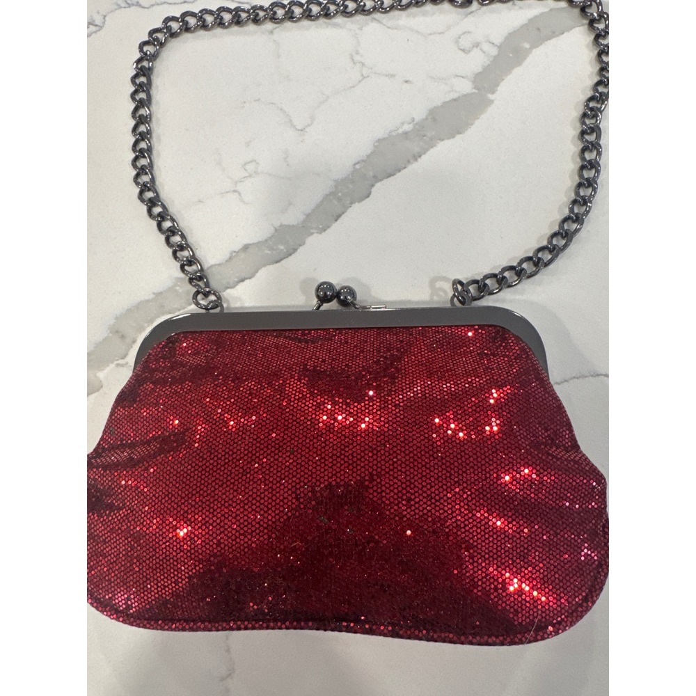 Express Red Glitter Kiss Lock Evening Clutch Bag Gunmetal Chain Strap